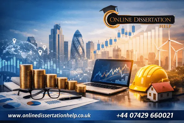A promotional feature image showcasing Online Dissertation Help services for asset management dissertations. The image includes a city skyline, financial charts, a laptop, and construction elements, with the company's logo, website, and contact details displayed at the bottom.