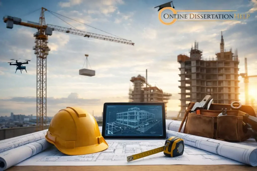 Construction site workspace showing blueprints, safety helmet, digital building model, and crane symbolising construction dissertation research and academic planning