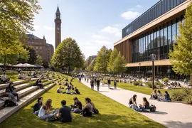Birmingham University campus students studying walking and socializing outdoors