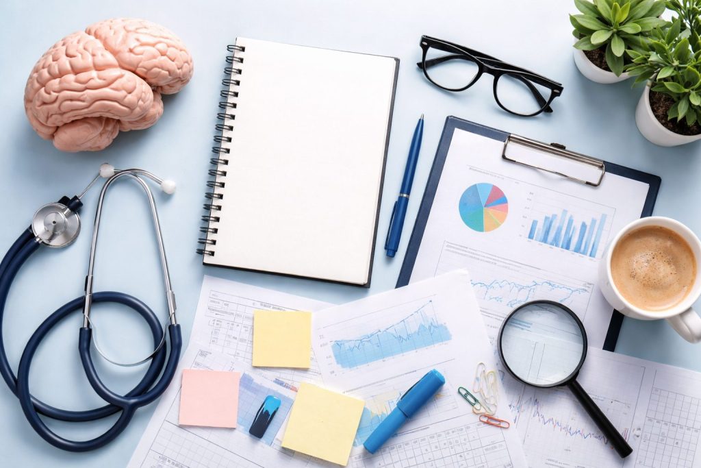 A clean flat lay of clinical psychology research materials including a brain model, stethoscope, notebook, charts, and office tools on a soft blue background, representing mental health study and dissertation planning.