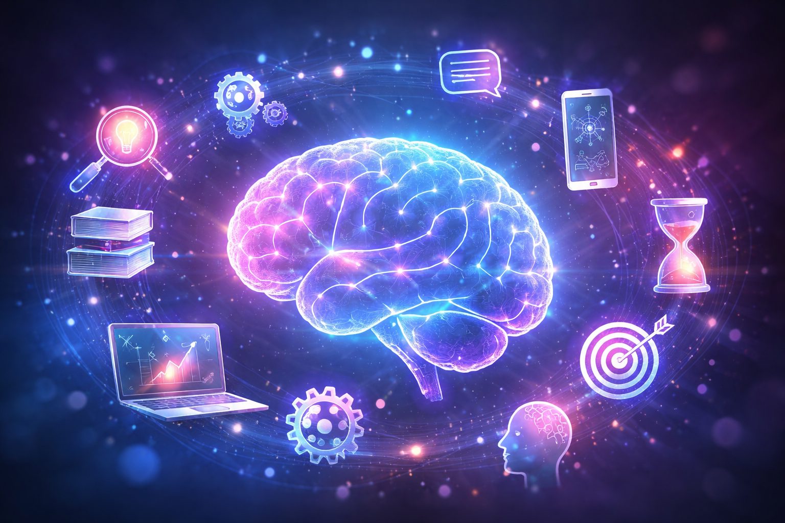 Glowing human brain with neural connections and digital elements representing memory, attention, and cognitive processes on a dark abstract background