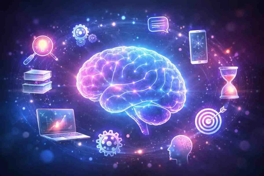 A glowing digital human brain surrounded by a ring of icons including a laptop, books, magnifying glass, gears, smartphone, hourglass, and a target.