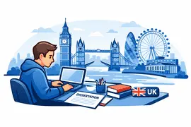 Dissertation help London UK student studying with city skyline