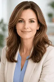 Professional female psychologist profile photo smiling mid-aged therapist headshot