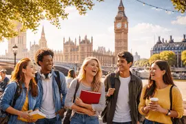 University students walking and talking near Big Ben in London