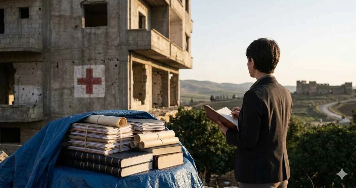 An investigator in a suit stands outdoors writing in a notebook, looking at a war-damaged concrete building marked with a Red Cross symbol, next to a stack of legal documents and scrolls covered by a blue tarp.