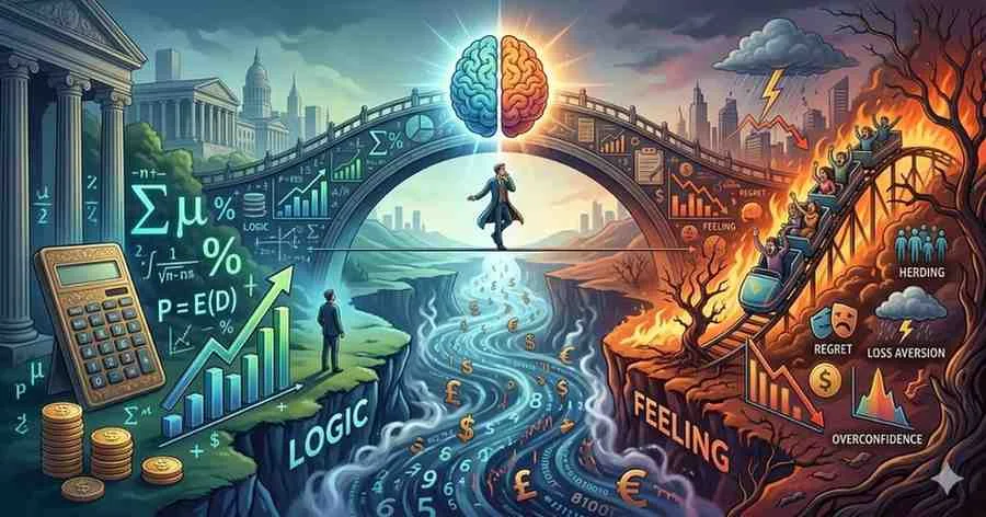 An illustration showing a man tightrope walking across a chasm between a logical structured side and an emotional chaotic side under a large brain bridge.