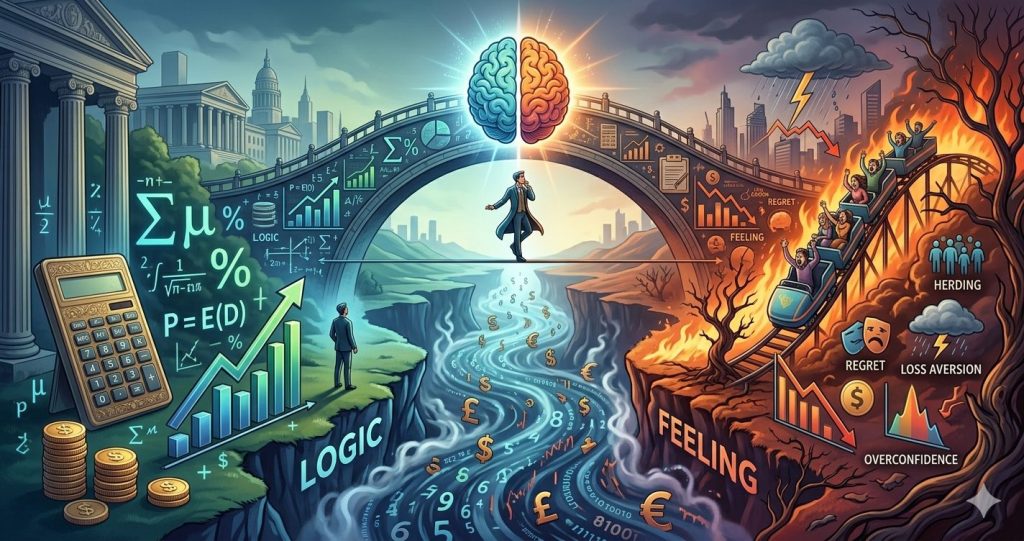 Conceptual digital art bridging logic and feeling in financial decision-making for a behavioural finance thesis.