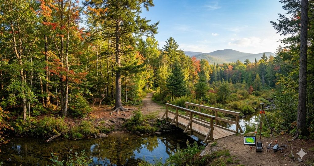 A high-angle view of a lush autumn forest at sunrise, featuring a wooden bridge over a stream and modern research tools—a survey tripod, drone, and tablet with a GIS map—symbolizing the intersection of nature and forestry technology.