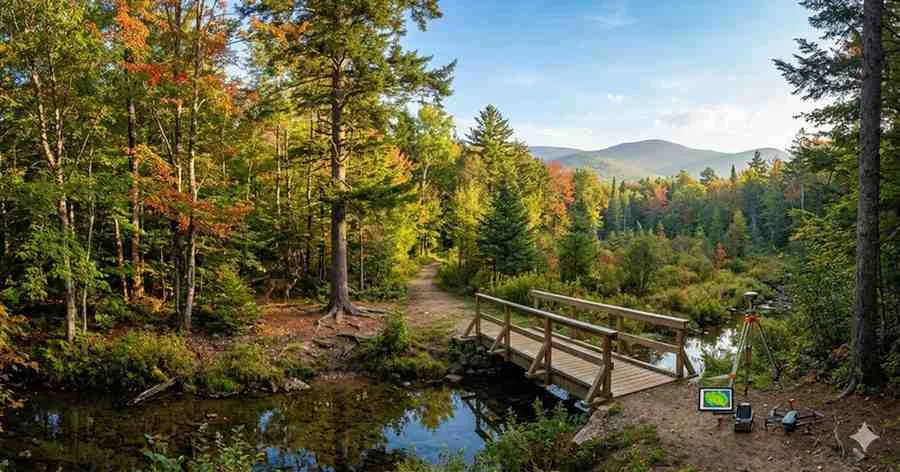 A wooden footbridge over a clear stream in a lush autumn forest with survey equipment, a drone, and a deer in the background.