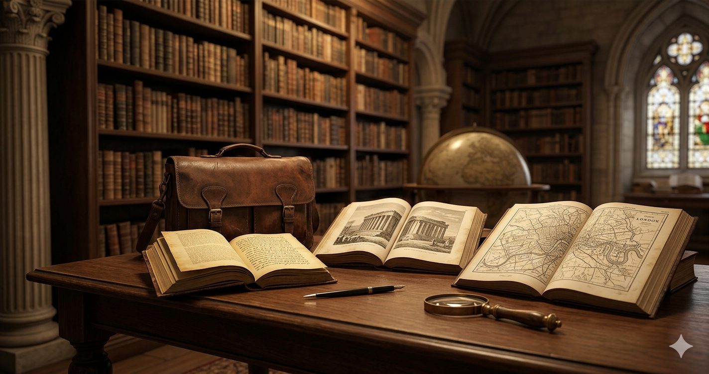 A wide-angle landscape photograph features an antique library table set within a magnificent, multi-story academic library. Arranged on the table are worn leather-bound satchel, several open old books showcasing hand-drawn maps of ancient London and script, a classical brass magnifying glass, a dip pen, and ink. In the background are endless shelves of books, a vintage globe, an arched Gothic window with stained glass, and a large Roman-style pillar, symbolizing the breadth of historical study from antiquity to the modern era. The image contains no text.