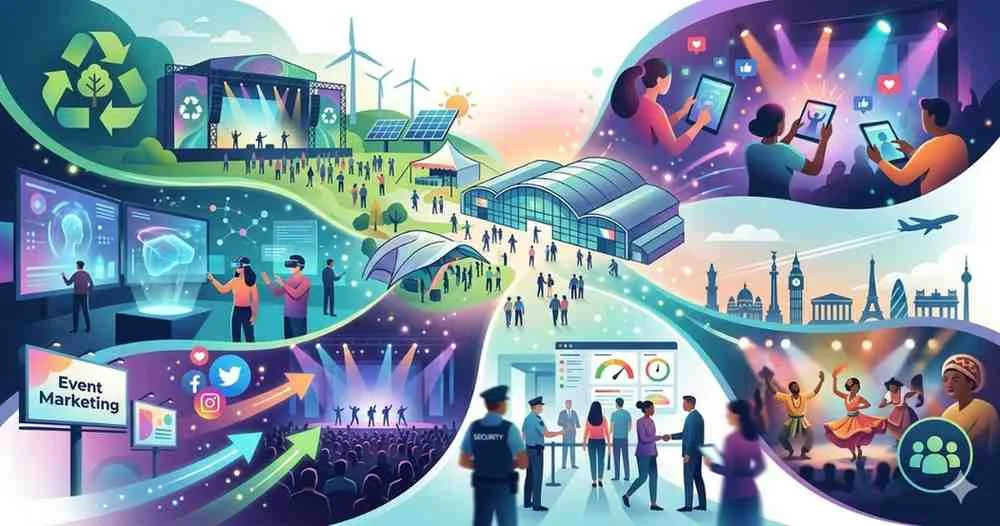A vibrant collage displaying different aspects of modern event management, including eco-friendly outdoor festivals, digital virtual reality experiences, concert marketing, corporate registration, and global cultural tourism.