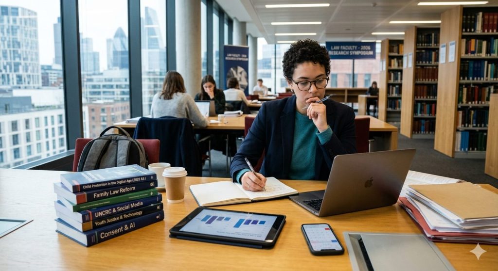 : A focused female law student sits at a wooden desk in a bright, modern university library overlooking a city skyline. She is taking notes in a journal while looking at a laptop. On her desk is a stack of law textbooks with titles like "Child Protection in the Digital Age," "Family Law Reform," and "Consent & AI," alongside a tablet showing data charts and a smartphone. In the background, other students work quietly among bookshelves and a banner for a "Law Faculty 2026 Research Symposium."