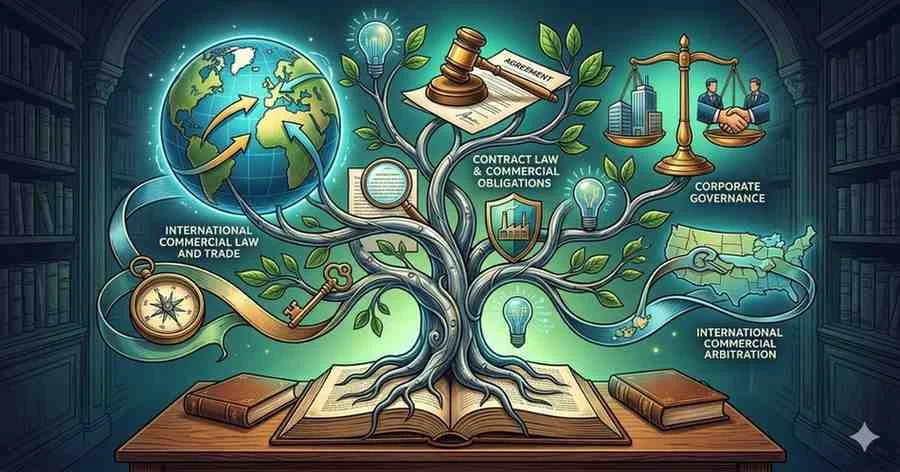 An artistic infographic of a law tree growing from an open book, with branches representing international trade, contract law, corporate governance, and commercial arbitration in a library.