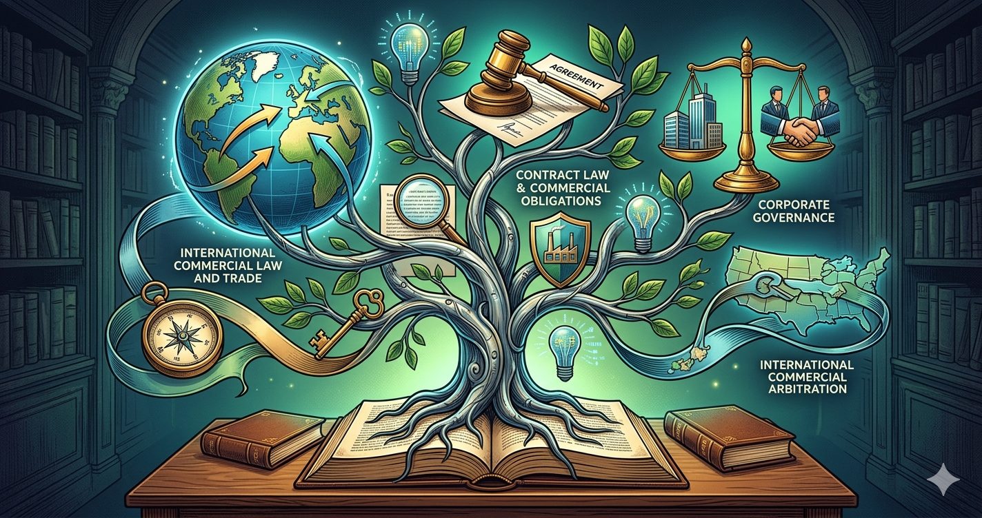 A complex illustration featuring a tree of legal concepts growing from an open law book, with branches representing fields like Contract Law, International Commercial Arbitration, and Corporate Governance. These legal paths interweave with icons of global trade and navigation, representing the diversity of research available in 2026.