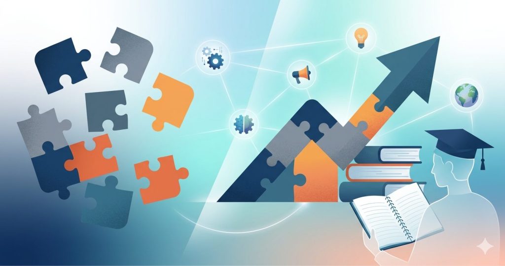 A conceptual illustration for a change management dissertation, featuring a student in a graduation cap studying a book alongside a large upward-pointing arrow constructed from interlocking puzzle pieces. The background transitions from scattered puzzle fragments to a structured network of icons representing technology, communication, and global sustainability.