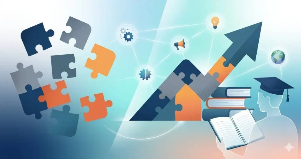 An abstract infographic showing scattered jigsaw puzzle pieces on the left, and a student in a graduation cap reading a book on the right next to a rising arrow made of connected puzzle pieces.