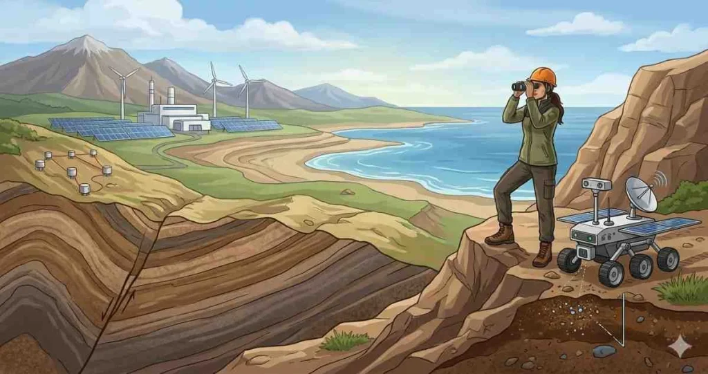 An environmental geologist using binoculars on a cliffside next to a robotic exploration rover, surveying a coastal landscape with a solar plant and wind farm.