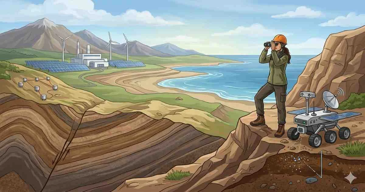An environmental geologist using binoculars on a cliffside next to a robotic exploration rover, surveying a coastal landscape with a solar plant and wind farm.