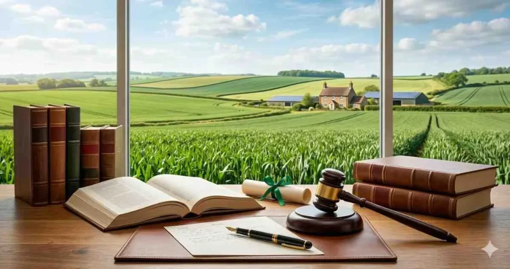 A wooden desk featuring an open law book, a judicial gavel, stacked textbooks, and a certificate ribbon, looking out through a large window onto rolling green farmlands.