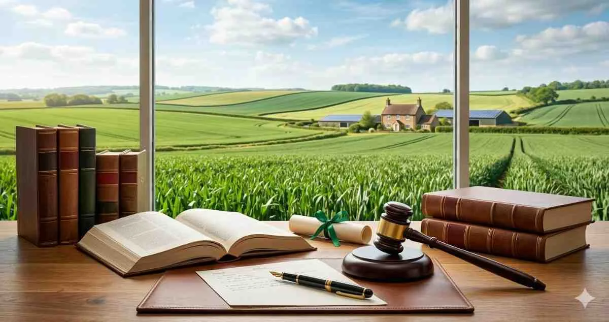 A wooden desk featuring an open law book, a judicial gavel, stacked textbooks, and a certificate ribbon, looking out through a large window onto rolling green farmlands.