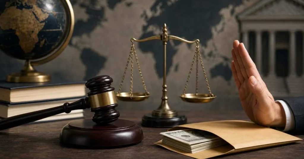 A person in a business suit holding up an open hand to reject an envelope filled with cash next to a judicial gavel and a scale of justice on a wooden desk.
