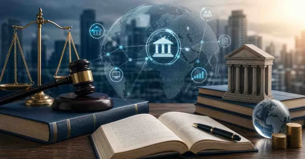 A wooden desk with an open law book, a gavel resting on a legal textbook, a scale of justice, a miniature courthouse model, and a glowing digital globe showing international network icons against a city skyline.