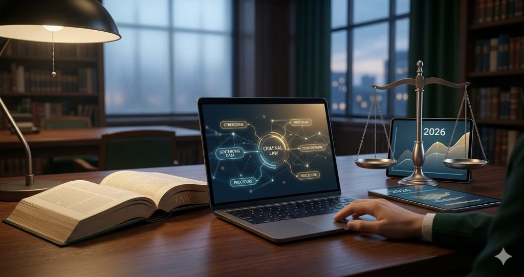 A conceptual image blending traditional justice and technology, featuring classical balanced scales, an open law textbook, and a laptop displaying data nodes and abstract graphs, representing forward-looking criminal law research topics.