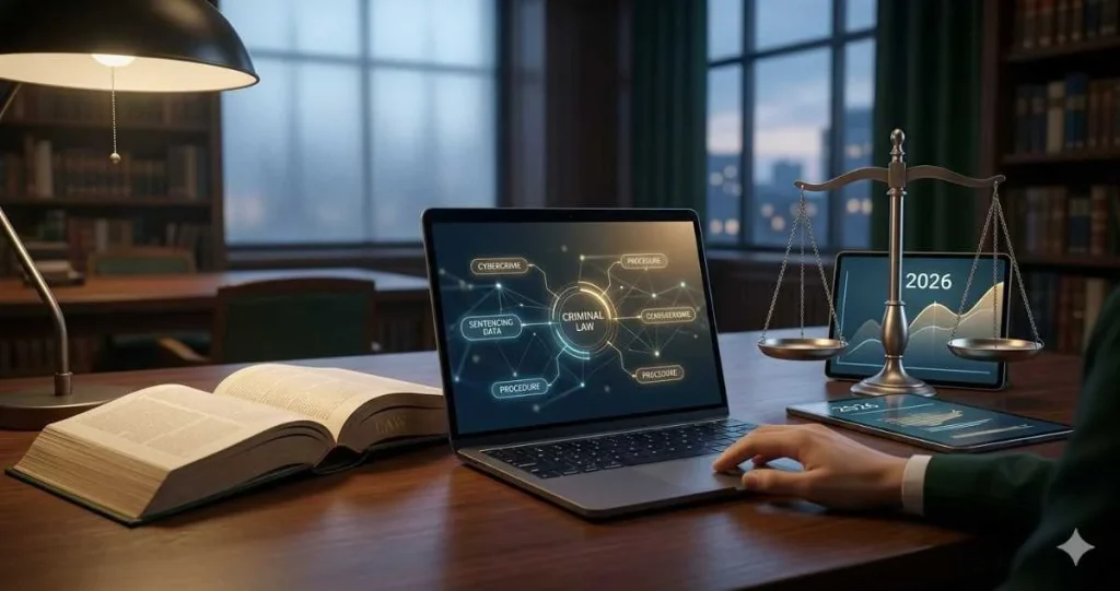 A law student using a laptop displaying a criminal law mind map alongside an open legal textbook and a scale of justice in a library office setting.