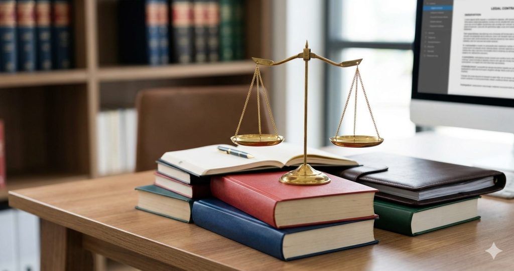 A professional still life photograph on a wooden desk. In the foreground are two stacks of scholarly books; one stack features a bright red, a deep blue, and a green book. The other stack features a dark leather portfolio and a matching green book. Balancing on the center stack of books are polished brass legal scales of justice. Behind the books, an open notebook and a pen wait for notes. In the softly blurred background, a large computer monitor displays an indistinct text legal document structure and bookshelves filled with law volumes create an academic setting under natural light.