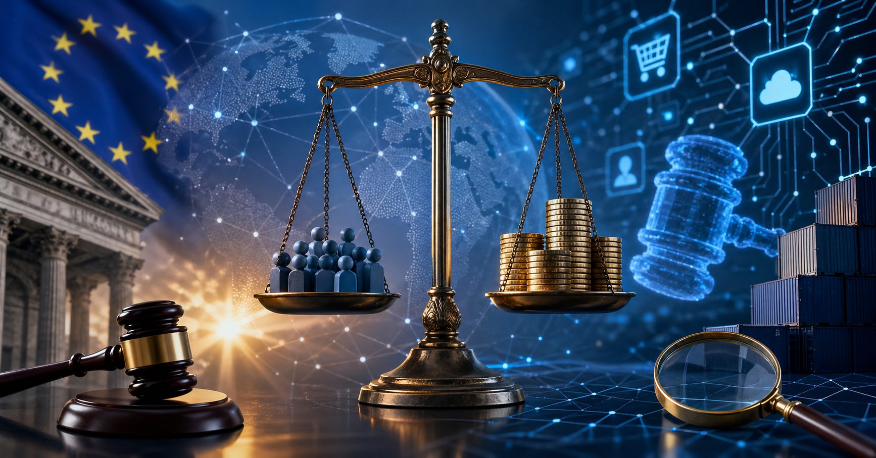 Balance scale weighing consumers and money with EU flag, digital network icons, and legal symbols representing competition law and antitrust enforcement in digital markets