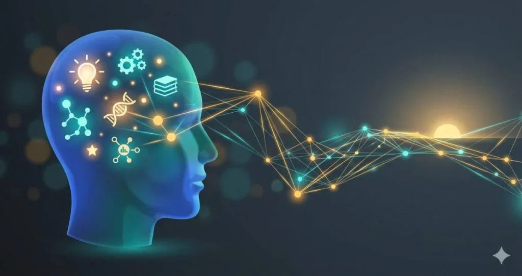 A glowing blue translucent human head profile containing icons for a lightbulb, gears, books, DNA, and molecules. Golden and teal digital light networks extend from the eyes toward a rising sun in the background.