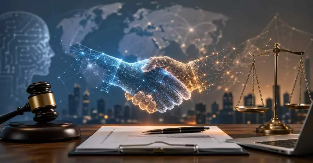 A digital concept image displaying a glowing holographic handshake above a desk with a gavel, legal document, scale of justice, and a cityscape background.