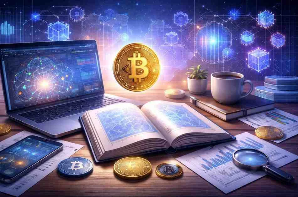 A desktop workspace with an open glowing book, a laptop showing financial data, a floating golden Bitcoin, and printed charts.