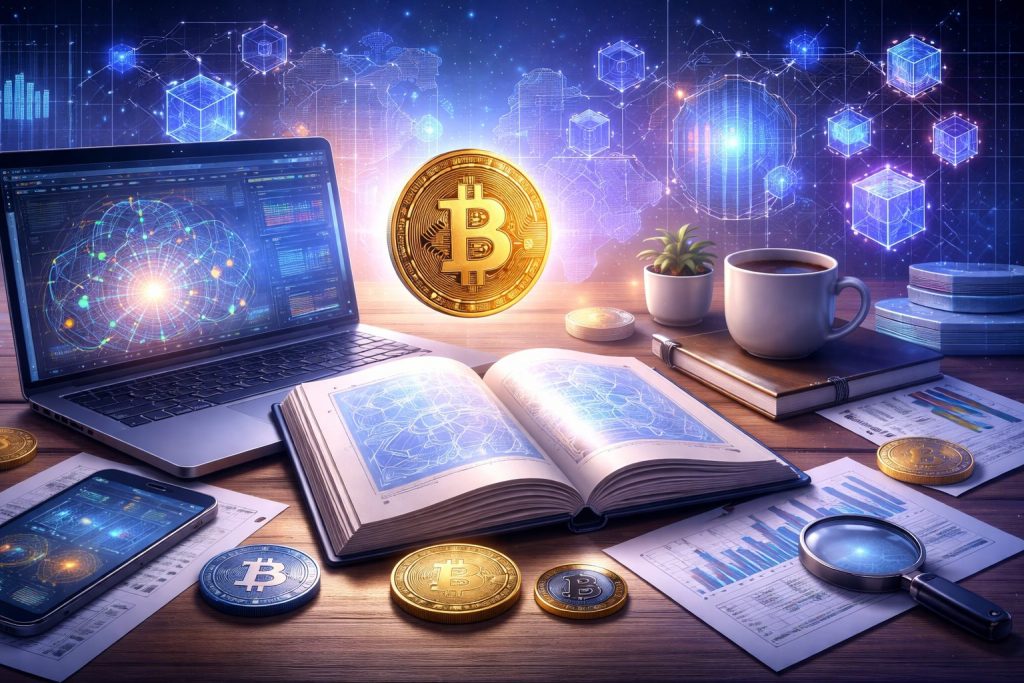 A modern digital workspace illustrating cryptocurrency research with blockchain concepts, featuring a laptop with financial charts, a glowing Bitcoin coin, digital graphs, and academic study materials on a desk, symbolizing cryptocurrency dissertation topics and fintech innovation