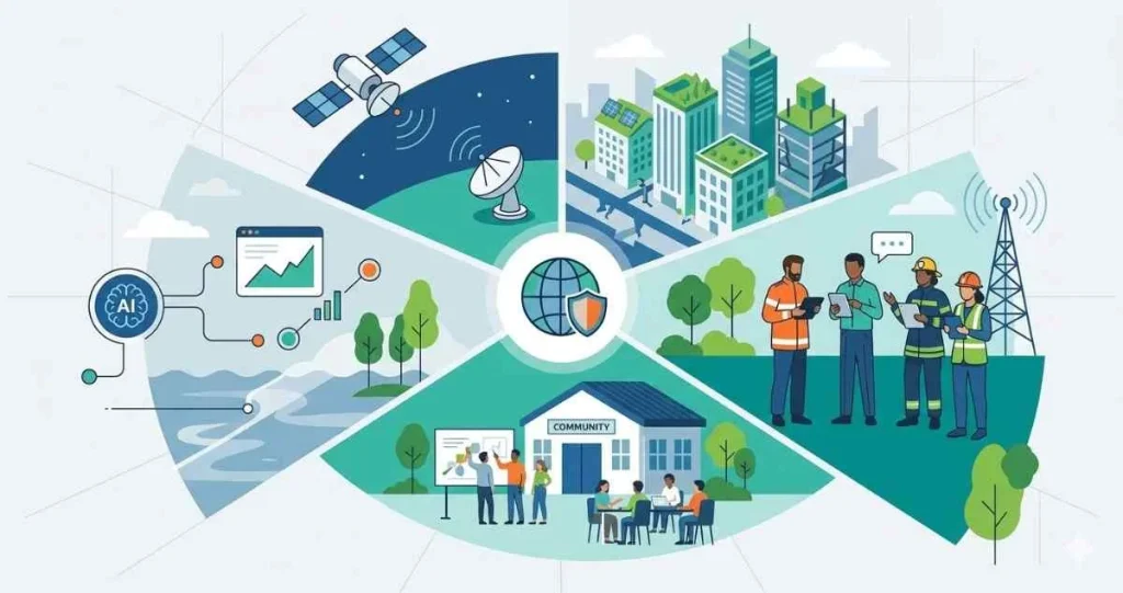 An infographic circle showing five segments: satellite communications, green city buildings, field engineers with safety workers, a community town hall meeting, and AI ocean climate monitoring.