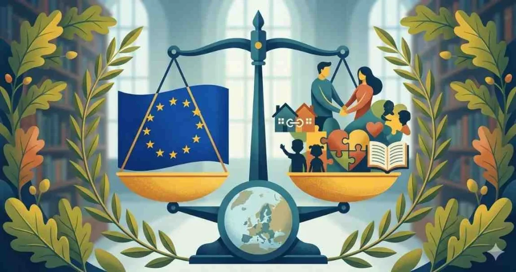 An illustration of the scales of justice balancing the European Union flag on one side against a family, houses, puzzle pieces, and an open book on the other, framed by an oak wreath with a globe base showing Europe.