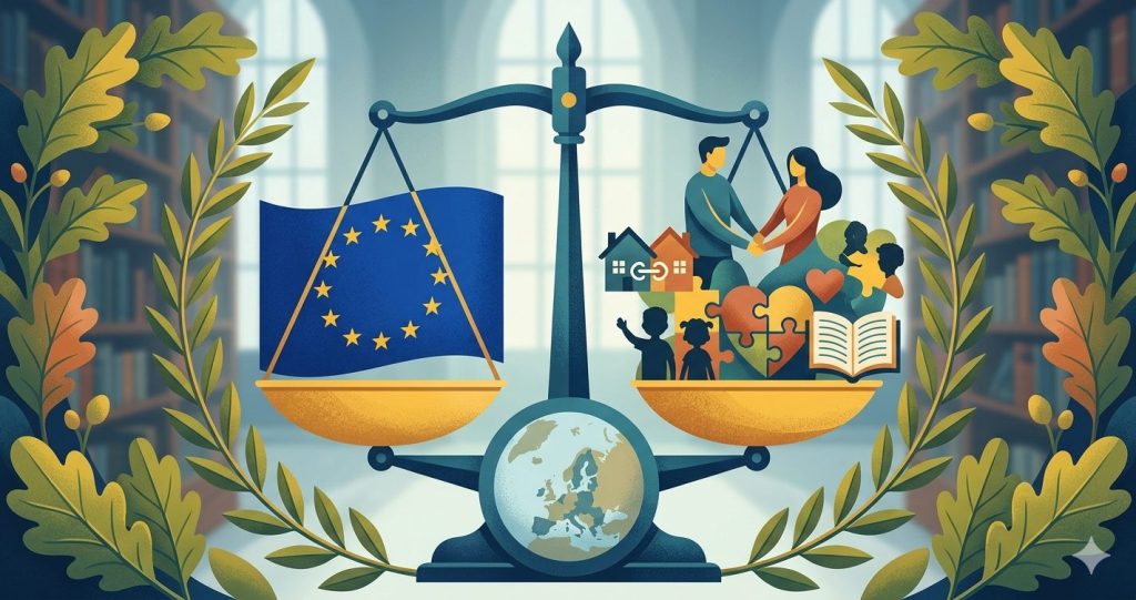 A conceptual 2D illustration for an EU Family Law dissertation. It features a set of justice scales balanced over a globe showing Europe. One scale holds the European Union flag, while the other holds stylized icons representing family life, including parents, children, a house, and puzzle pieces. The scene is set against a backdrop of a law library with blurred bookshelves and is framed by oak leaves, symbolizing academic strength and legal tradition.