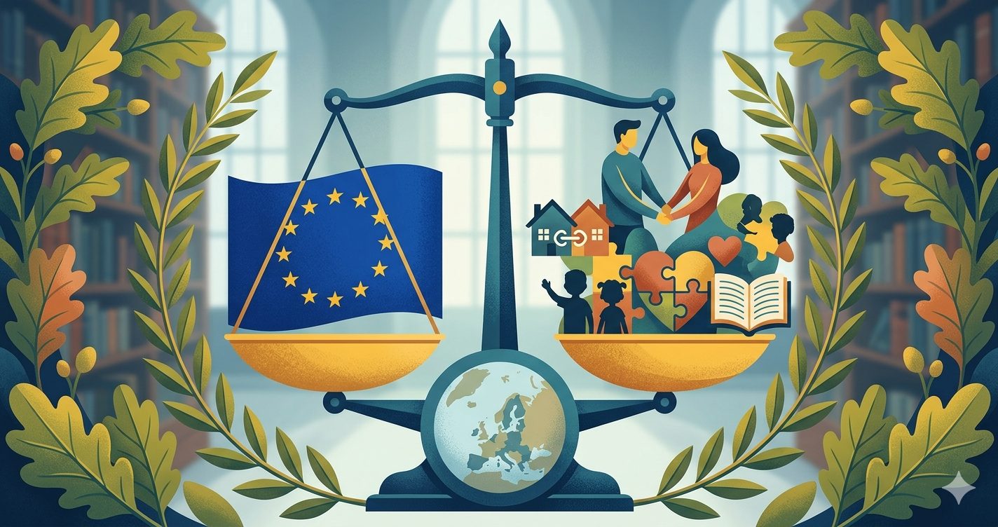 A conceptual 2D illustration for an EU Family Law dissertation. It features a set of justice scales balanced over a globe showing Europe. One scale holds the European Union flag, while the other holds stylized icons representing family life, including parents, children, a house, and puzzle pieces. The scene is set against a backdrop of a law library with blurred bookshelves and is framed by oak leaves, symbolizing academic strength and legal tradition.