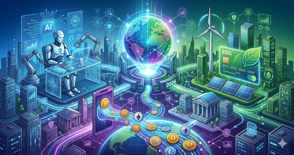 Futuristic 2026 city split into blue AI, green ESG, and purple Fintech zones, connected by glowing data streams.
