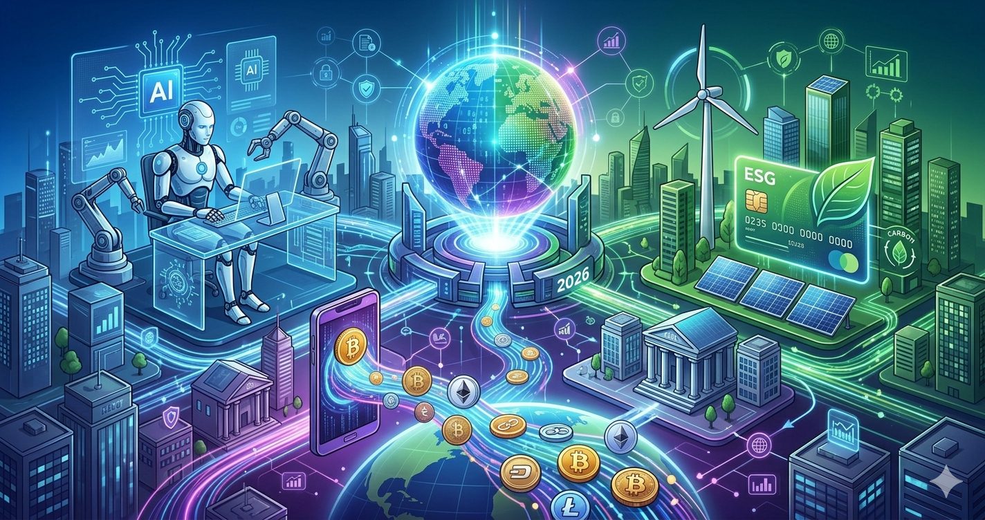 Futuristic 2026 city split into blue AI, green ESG, and purple Fintech zones, connected by glowing data streams.