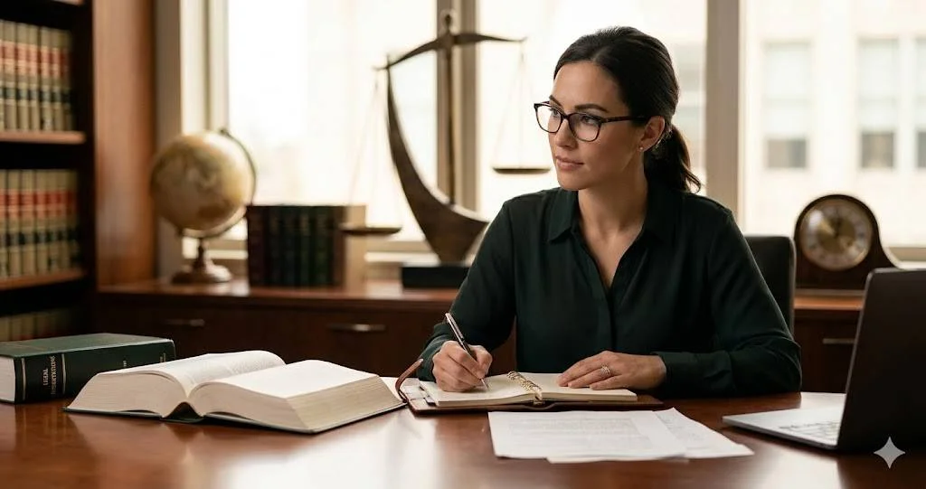A female law student writing in a notebook at a desk with legal books and a laptop in a law library office setting