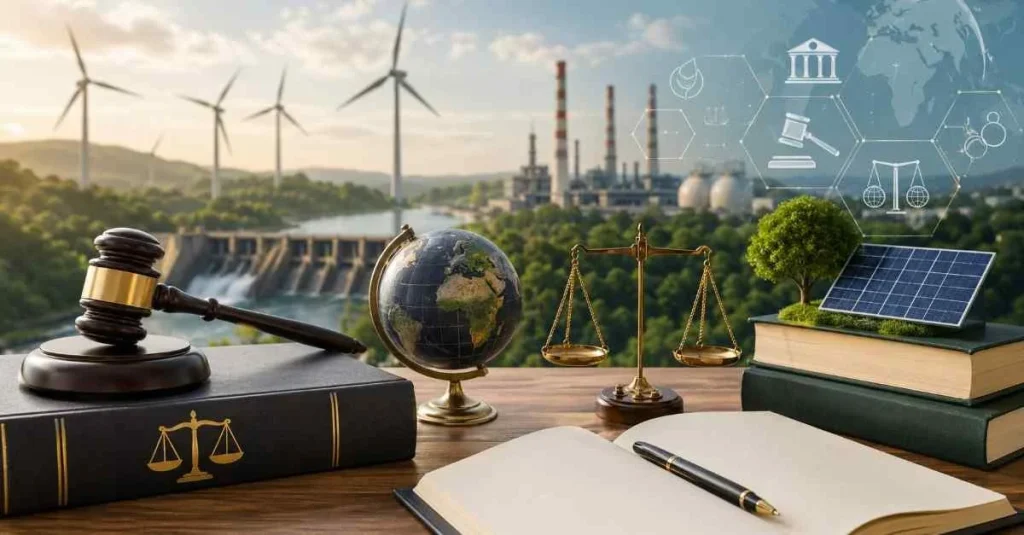A desk with a judge's gavel, brass scales of justice, open legal notebook, and a mini solar panel on law books, with a background transitioning from wind turbines and a hydroelectric dam to an industrial factory.