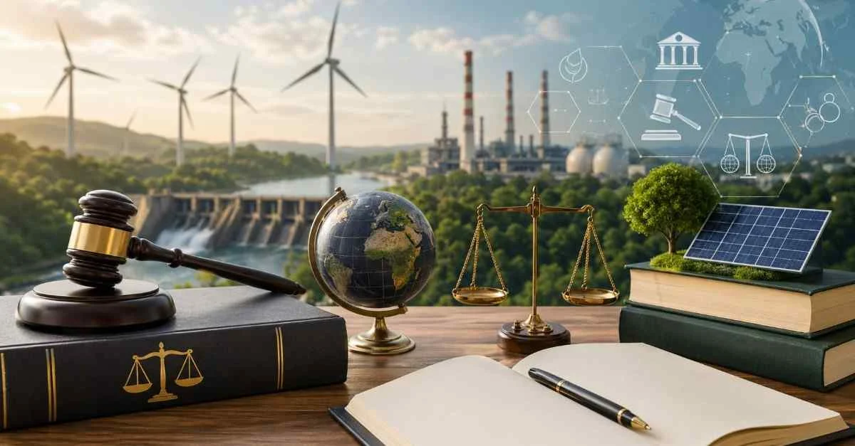 A desk with a judge's gavel, brass scales of justice, open legal notebook, and a mini solar panel on law books, with a background transitioning from wind turbines and a hydroelectric dam to an industrial factory.
