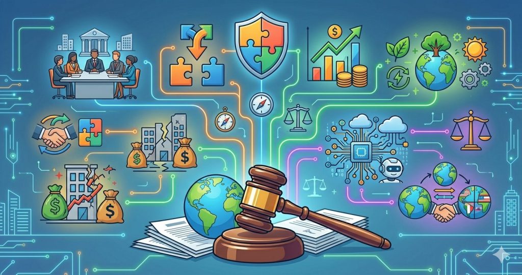 A text-free, illustrative infographic landscape set against a digital circuit-board background. In the foreground, a prominent gavel rests on a stack of legal documents. A diverse ecosystem of interconnected symbolic icon clusters flourishes, each visually representing a core subfield of corporate law from the original infographic. Elements include a board of directors meeting at a high-rise building, interlocking puzzle pieces forming a larger shield, rising stock charts and a money bag, a thriving green planet with a gear and sun, a cracked structure with a lifeline and money bags, a complex system of cloud data, blockchain and a robot head, and two clasped hands over separate globes. Colorful, glowing energy lines connect these concepts, creating a unified, modern legal landscape without text labels.