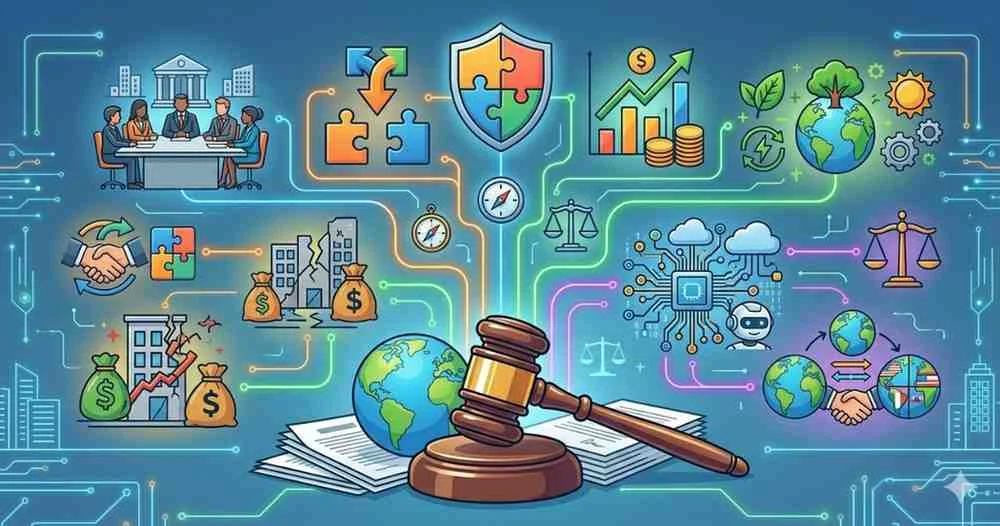 An infographic illustration mapping various areas of corporate law, including executive boards, mergers and acquisitions, financial risk, green technology, data networks, and global trade, all connected to a central legal gavel.