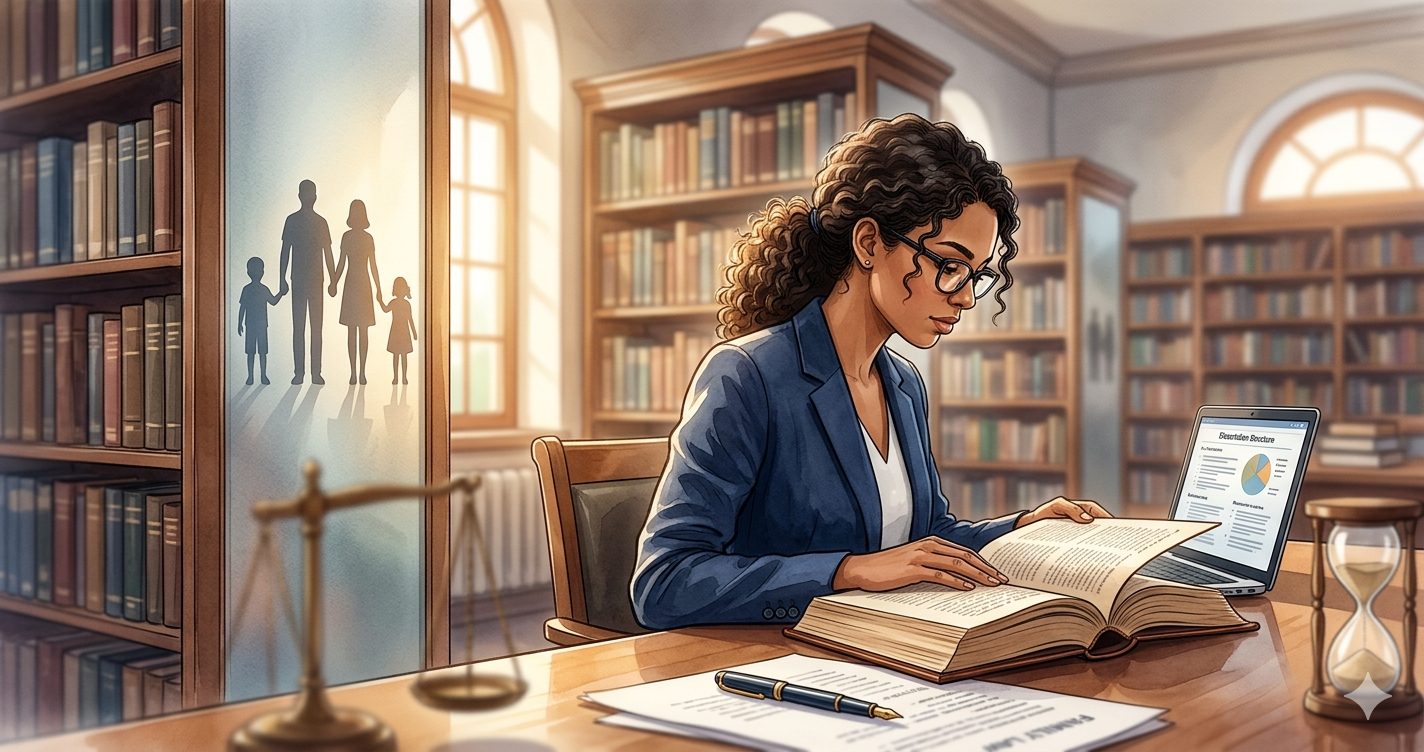 A legal researcher studies a law textbook in a sunlit library, with a laptop showing a dissertation structure, a scale of justice, and a symbolic family silhouette on a glass partition.