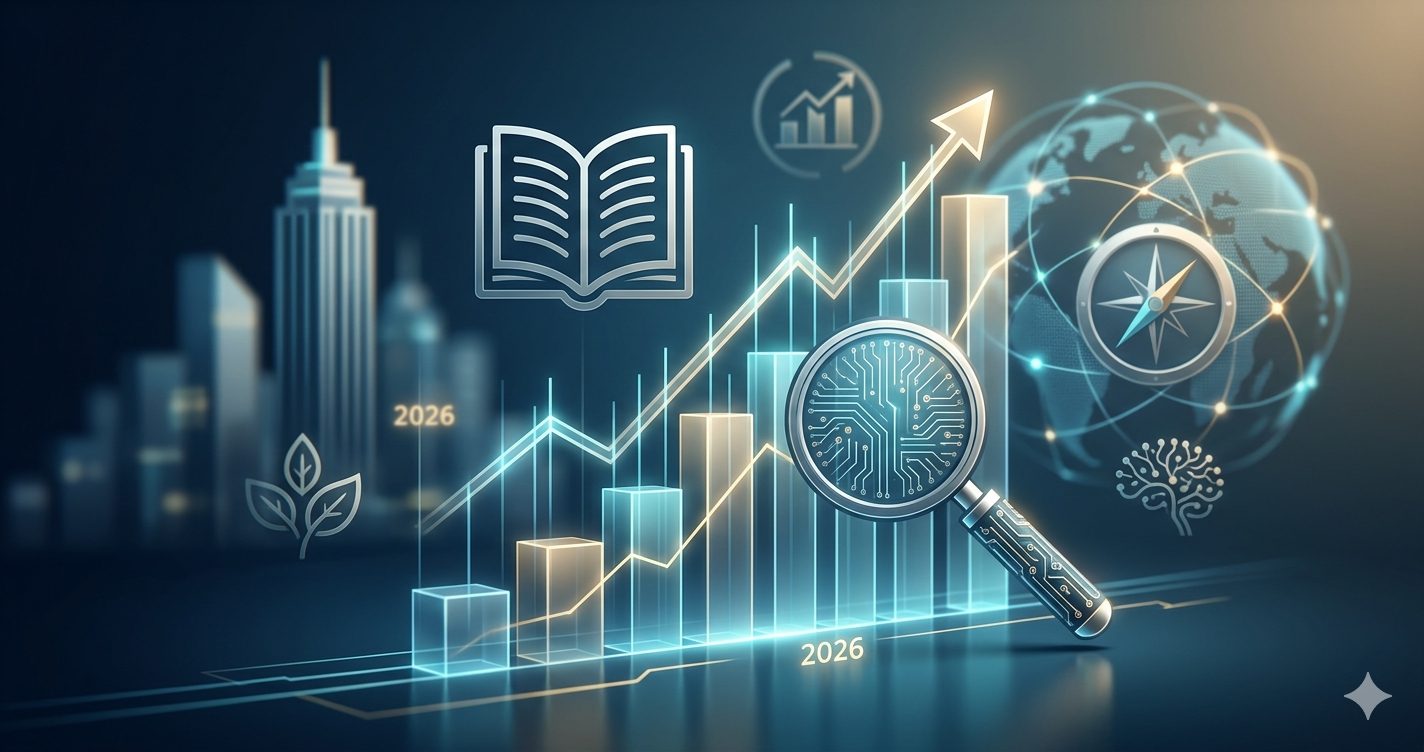 A professional feature image illustrating financial management research, blending an upward-trending digital data graph with a magnifying glass examining academic icons like an open book and currency symbols, set against a blurred background of abstract corporate and global finance visuals in blues, gold, and silver.