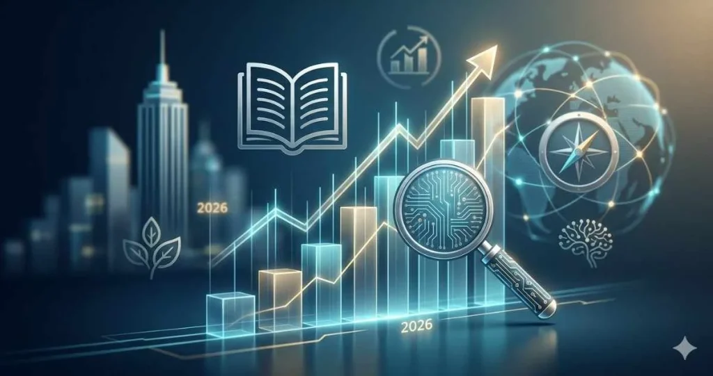 A glowing digital 3D bar chart with an upward arrow, featuring an open book icon, a futuristic magnifying glass, a compass, a digital globe, and the year 2026.