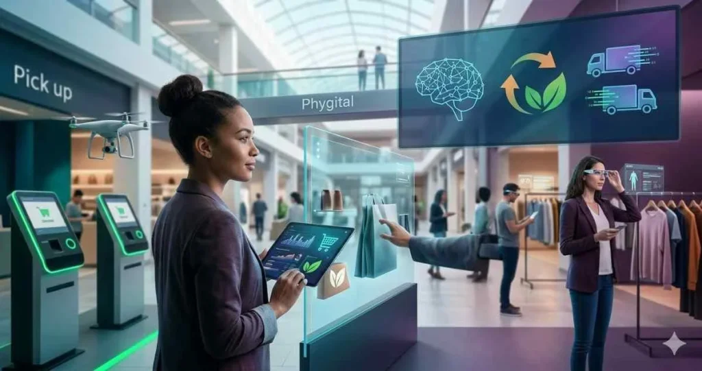 A woman using a tablet in a futuristic mall next to a glass display, with a delivery drone, automated checkout kiosks, and smart digital screens.